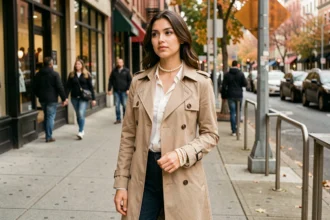 Jeune femme en imperméable beige portant des bracelets en perles et un collier ras-du-cou dans un environnement urbain animé
