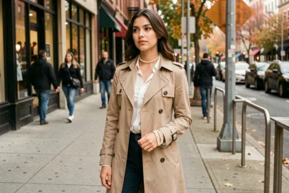 Jeune femme en imperméable beige portant des bracelets en perles et un collier ras-du-cou dans un environnement urbain animé