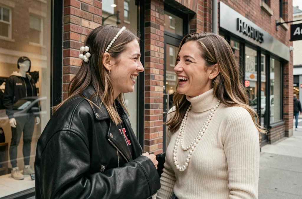 Deux femmes en tenue streetwear urbaine portant des accessoires en perles devant la vitrine d'une boutique concept store