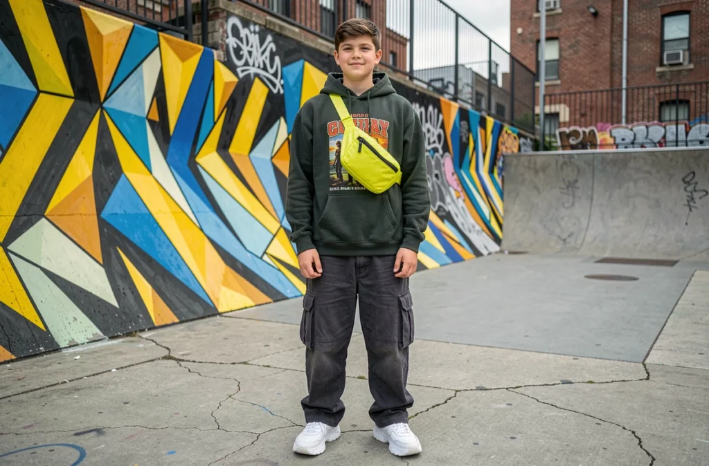 Adolescent en tenue streetwear portant un sac banane jaune fluo en nylon dans un skate park coloré