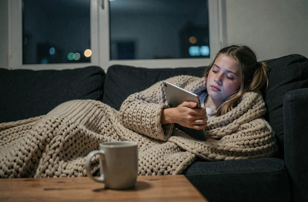 Adolescente allongée sur un canapé la nuit avec une tablette, lumière bleue des écrans perturbant le cycle de sommeil