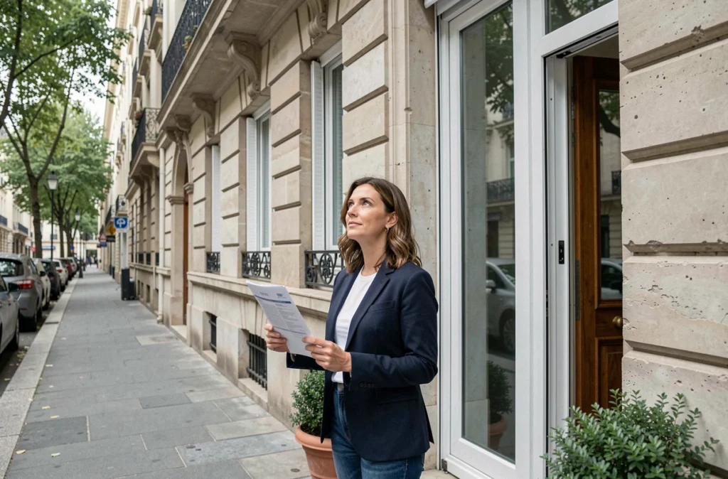 Agente immobilière devant un immeuble ancien rénové avec double vitrage et isolation de façade à Paris