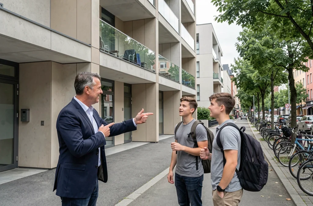 Agent immobilier présentant une nouvelle résidence étudiante à de jeunes locataires potentiels devant un immeuble moderne