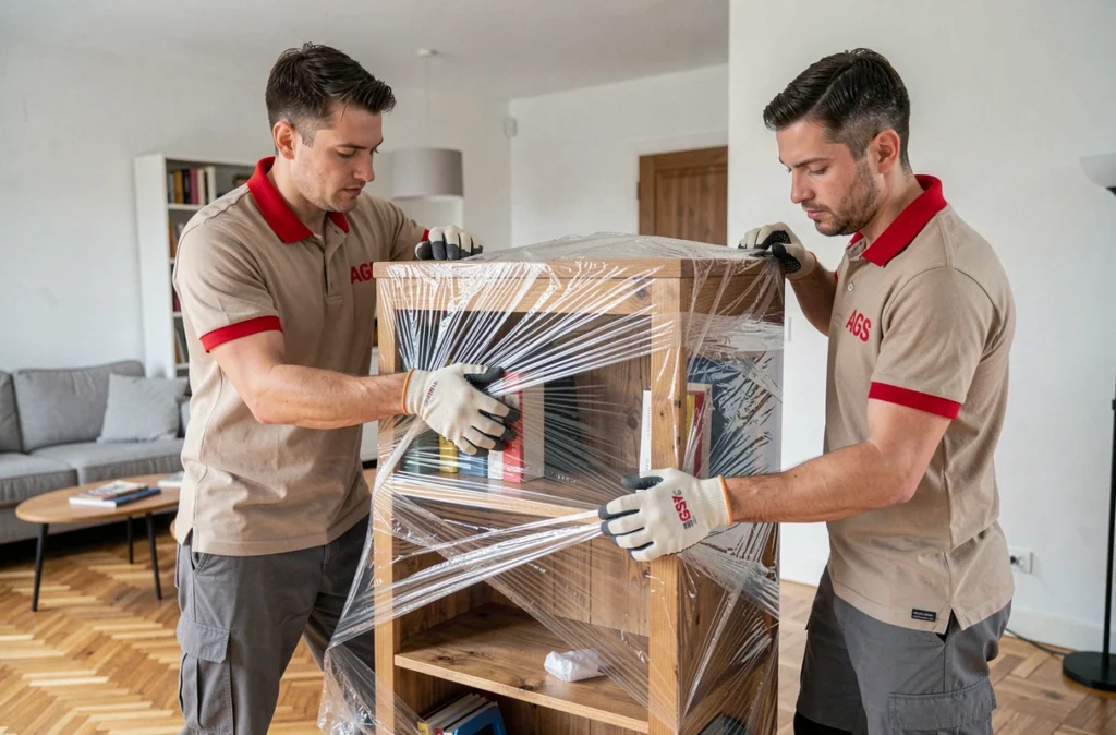 Déménageurs AGS Poitou Charentes emballant des meubles avec soin dans un appartement