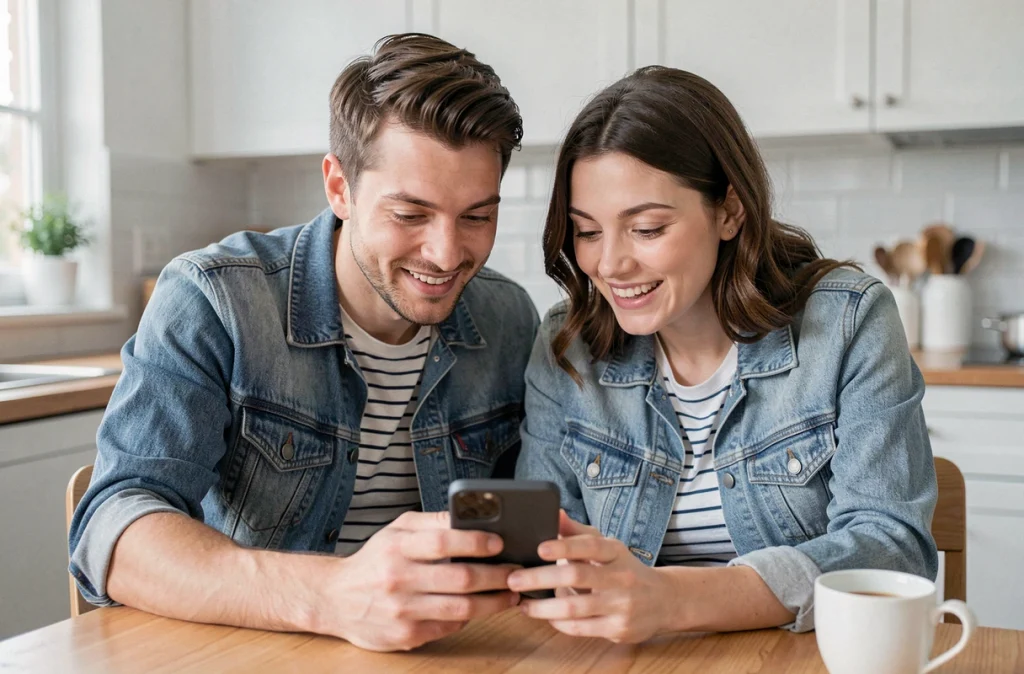 Deux amis découvrant ensemble les bonus cachés de Monopoly Go sur un smartphone à la table de cuisine