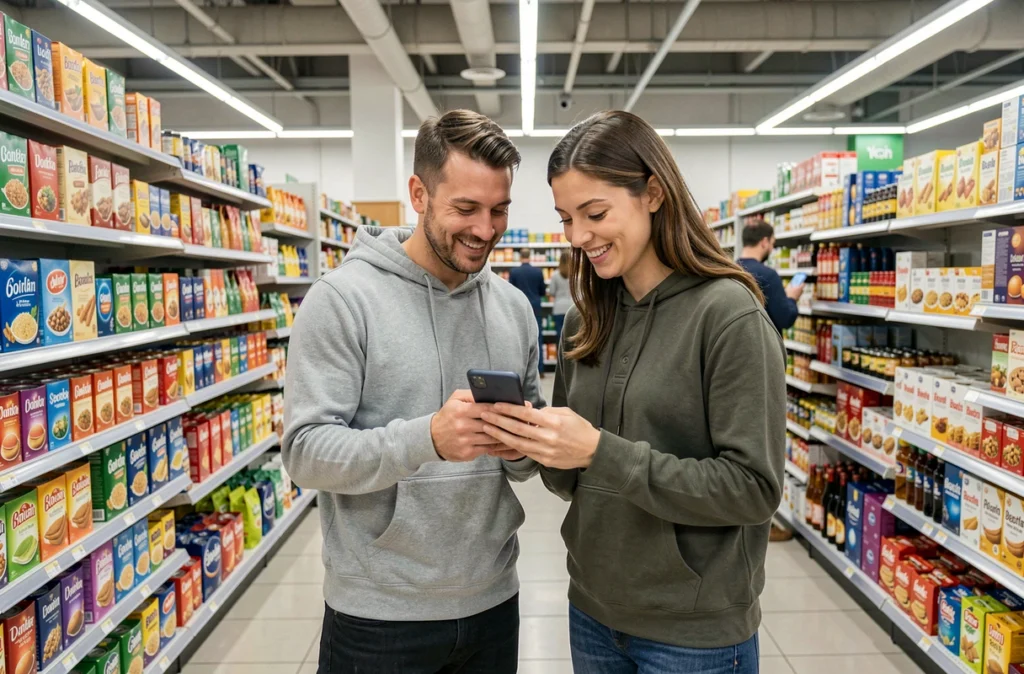 Deux amis consultant une liste de courses sur smartphone dans un supermarché pour mieux gérer leur budget
