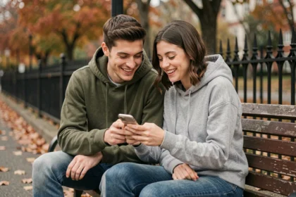 Deux jeunes amis assis sur un banc de parc en automne regardant un webtoon ensemble sur smartphone