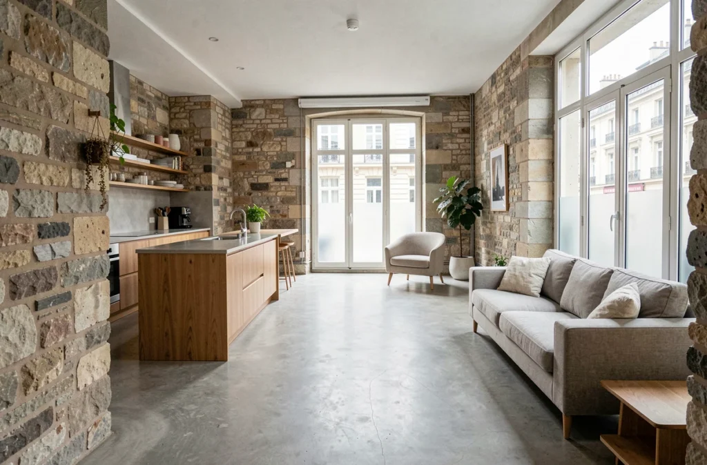 Appartement moderne aménagé dans un ancien local commercial avec murs en pierre et sol en béton poli