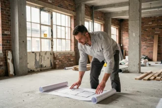 Architecte examinant des plans de conversion d'un local commercial en appartement dans un espace en rénovation