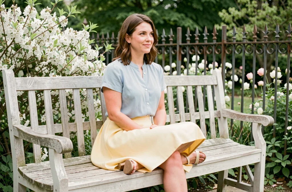 Femme assise dans un jardin botanique portant une jupe jaune pastel et un chemisier bleu poudré pour un look printanier coordonné