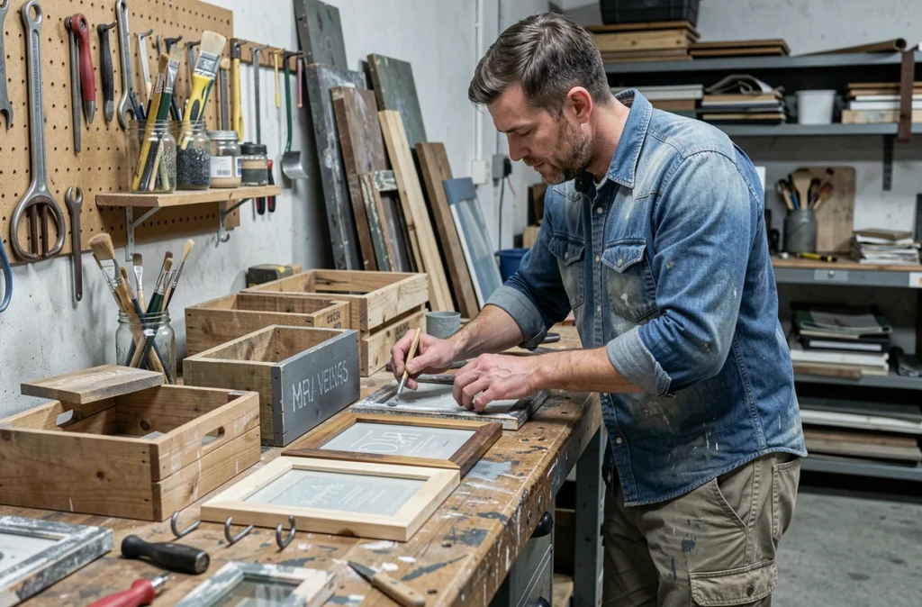 Homme préparant des objets récupérés dans un atelier pour créer une décoration murale originale faite main
