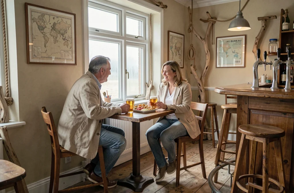 Couple partageant des pintes et des amuse-bouches dans le pub Au Bureau à Berck-sur-Mer, décor maritime avec cartes et accessoires côtiers