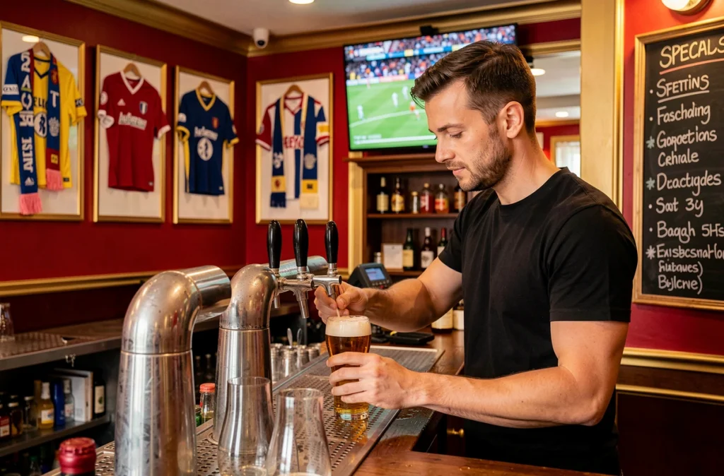 Barman tirant une pinte de bière au comptoir du pub Au Bureau à Lens, avec des maillots de football et écharpes RC Lens en décoration murale