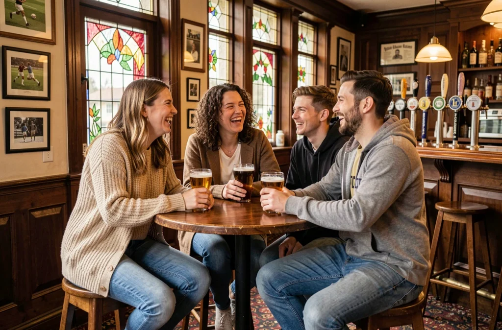 Groupe d'amis riant autour d'une table haute avec des pintes de bière dans le pub Au Bureau à Saint-Omer, décor bois foncé et vitraux style britannique