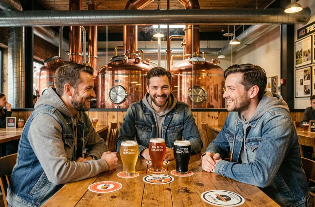 Trois amis comparant des verres de dégustation bière blonde, ambrée et stout chez Aux Trois Brasseurs à Boulogne-sur-Mer, avec cuves en cuivre visibles en arrière-plan