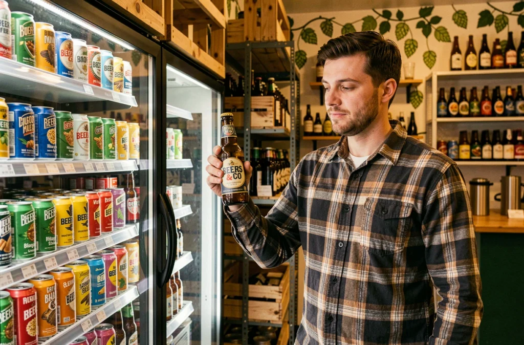 Client examinant une bouteille de bière artisanale devant un présentoir de canettes et bouteilles craft chez Beers & Co à Bruay-la-Buissière