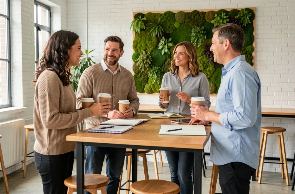 Groupe de collègues en discussion détendue dans un espace de travail collaboratif favorisant le bien-être et la cohésion d'équipe