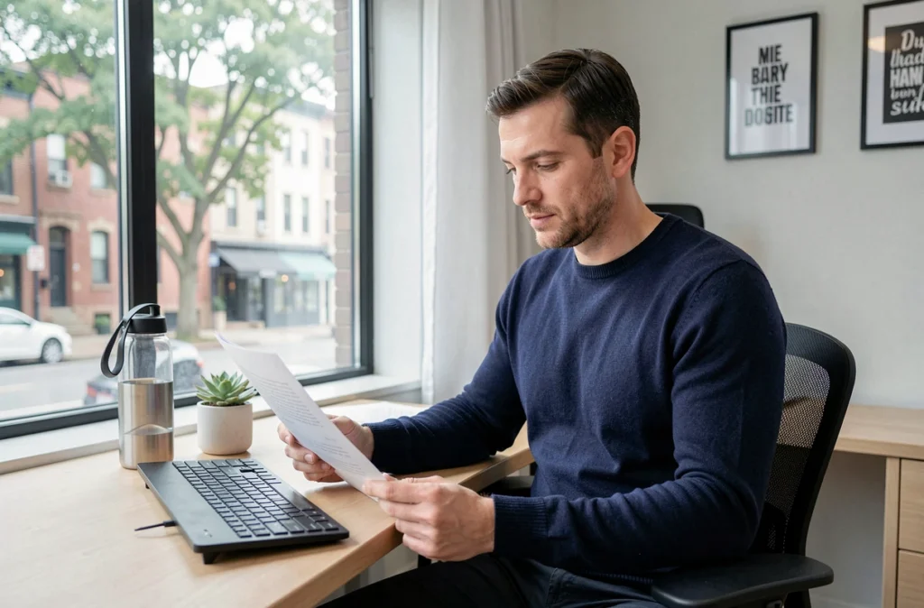 Employé concentré et serein à son bureau ergonomique, illustrant un environnement de travail sain et bien organisé