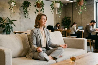 Femme pratiquant la pleine conscience dans un espace de pause moderne au bureau, illustrant le bien-être au travail