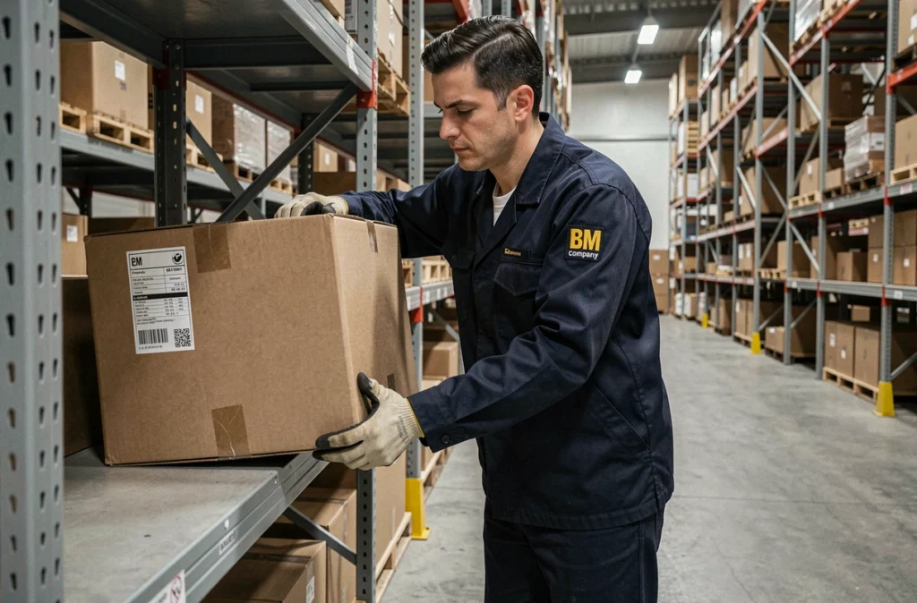 Déménageur de BM Déménagements rangeant des cartons dans un entrepôt de stockage