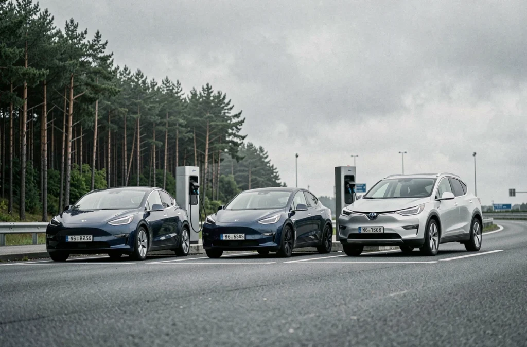 Plusieurs voitures électriques en charge sur une aire d'autoroute française sous un ciel nuageux