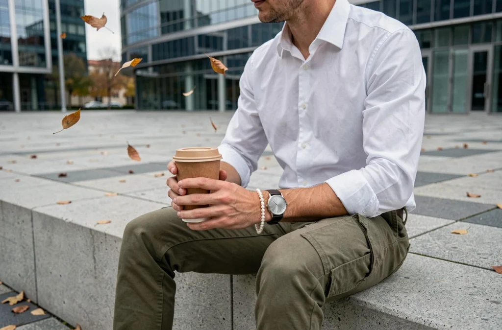 Homme trentenaire assis sur un muret en béton portant un bracelet en perles avec une montre minimaliste dans une place urbaine