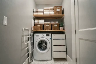 Buanderie compacte aménagée dans une alcôve de couloir avec lave-linge et sèche-linge superposés et étagères en bois organisées