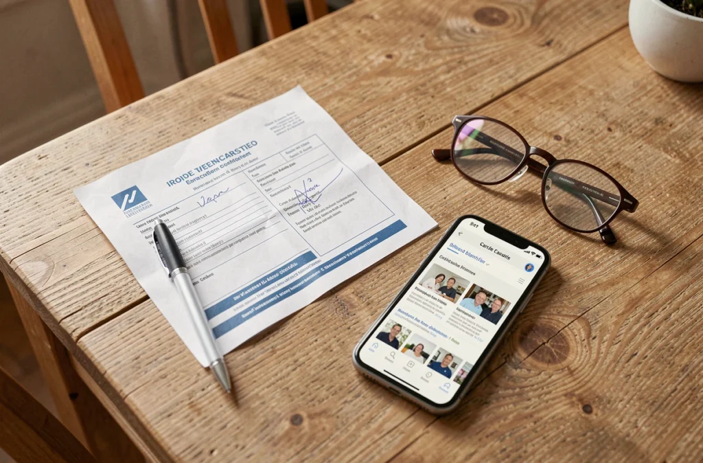 Vue de dessus d'une carte grise française, d'un stylo et d'un smartphone affichant un formulaire administratif en ligne