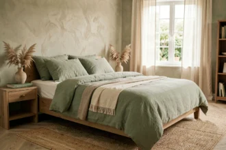 Chambre à coucher apaisante décorée en vert sauge et ivoire avec literie en lin et cadre de lit en bois naturel