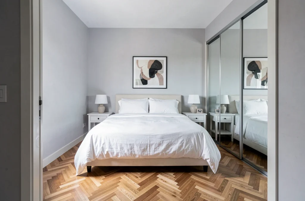 Chambre meublée temporairement avec literie blanche immaculée et décoration épurée pour optimiser la vente d'un appartement