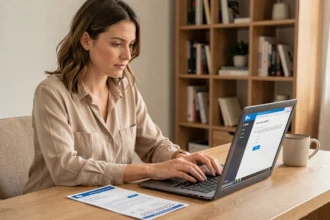 Femme effectuant une demande de changement de carte grise en ligne sur un ordinateur portable à son bureau
