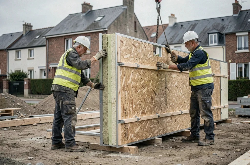 Deux ouvriers assemblant un panneau de mur préfabriqué sur un chantier de construction de maison modulaire en banlieue française