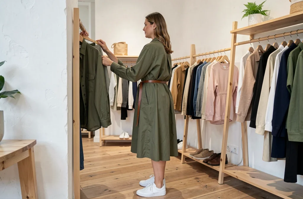 Femme portant une chemise oversize verte comme robe dans une boutique de mode minimaliste
