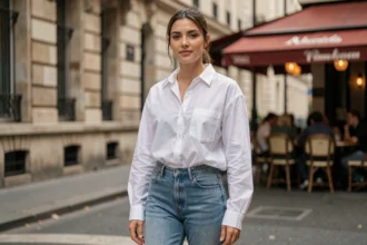 Jeune femme portant une chemise oversize blanche dans une rue parisienne, style mode quotidienne décontractée