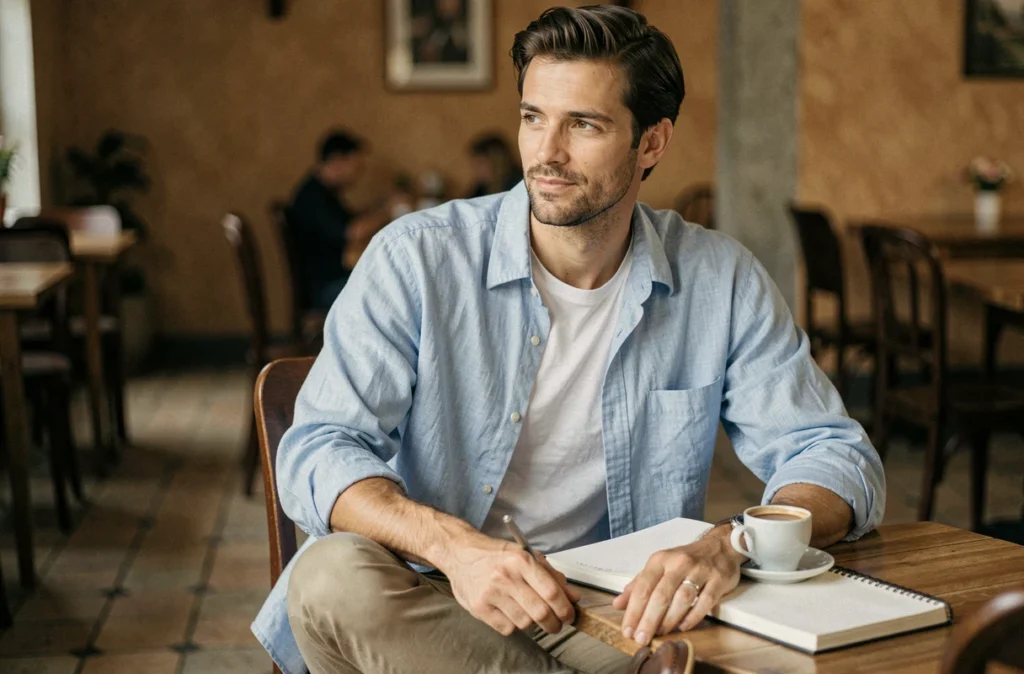 Homme en chemise oversize en lin bleu attablé dans un café, look mode casual masculin
