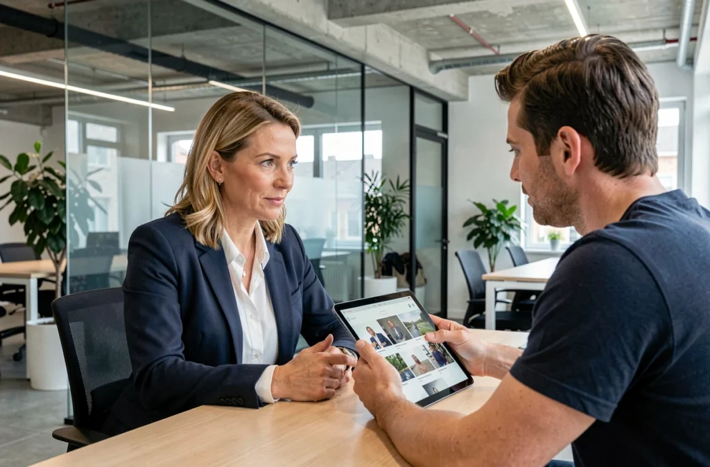 Une professionnelle rencontrant un photographe corporate dans un espace de coworking à Lille pour choisir son prestataire portrait