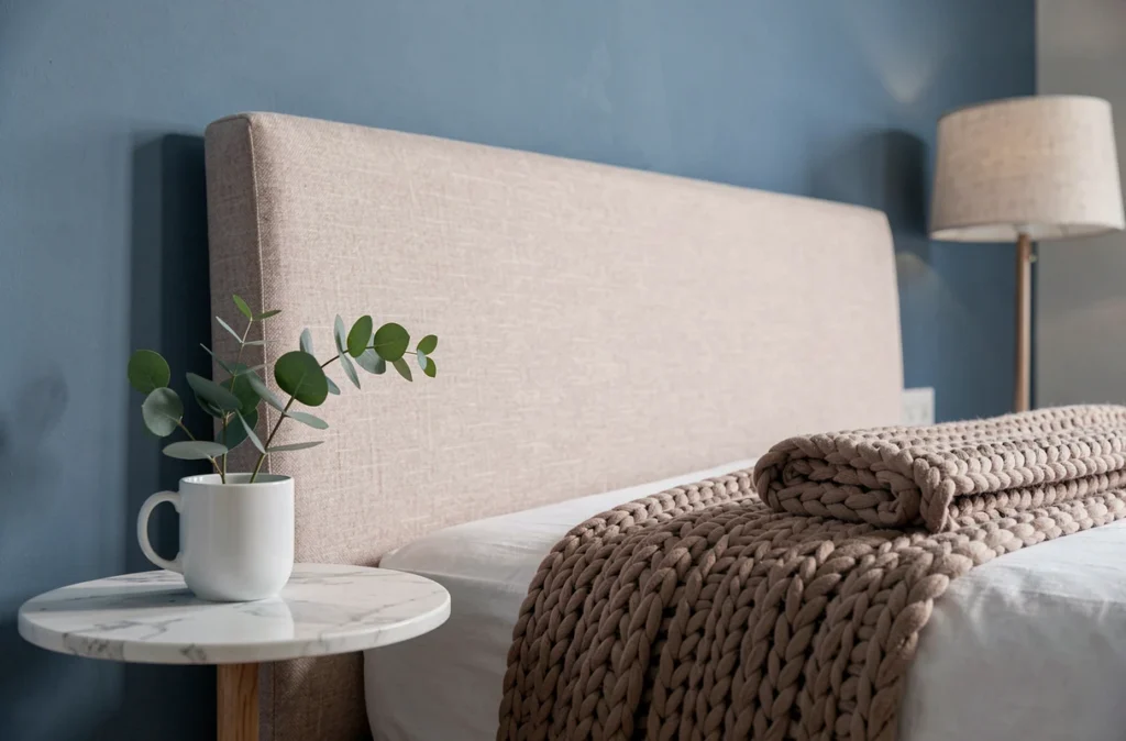 Coin chambre avec mur bleu poudré, tête de lit rembourrée et accessoires décoratifs en tons neutres apaisants