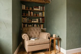 Coin lecture cosy aménagé dans une alcôve de petit appartement avec fauteuil en lin, livres et étagères intégrées