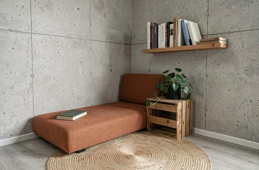 Coin lecture minimaliste dans un studio avec coussin de sol en bouclé terracotta, caisse en bois et étagère murale dans un petit espace