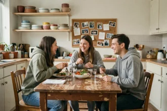Trois colocataires jeunes adultes partageant un repas convivial dans la cuisine d'un appartement partagé en milieu urbain
