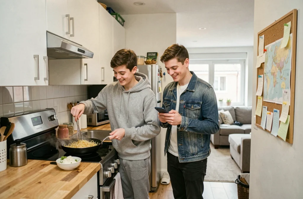 Deux étudiants colocataires cuisinant ensemble dans la cuisine partagée d'un appartement en colocation moderne