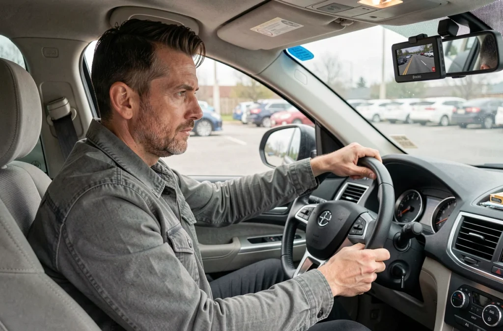 Conducteur consultant l'écran d'une dashcam dans son SUV sur un parking