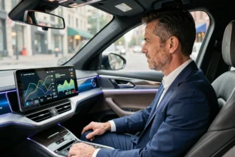 Conducteur dans un véhicule connecté consultant des données d'assurance auto sur écran tactile