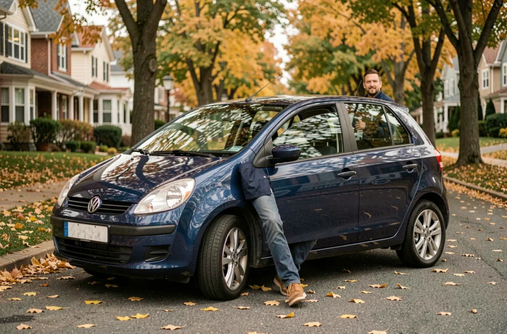 Jeune homme appuyé contre une voiture compacte en LLD dans une rue résidentielle arborée en automne