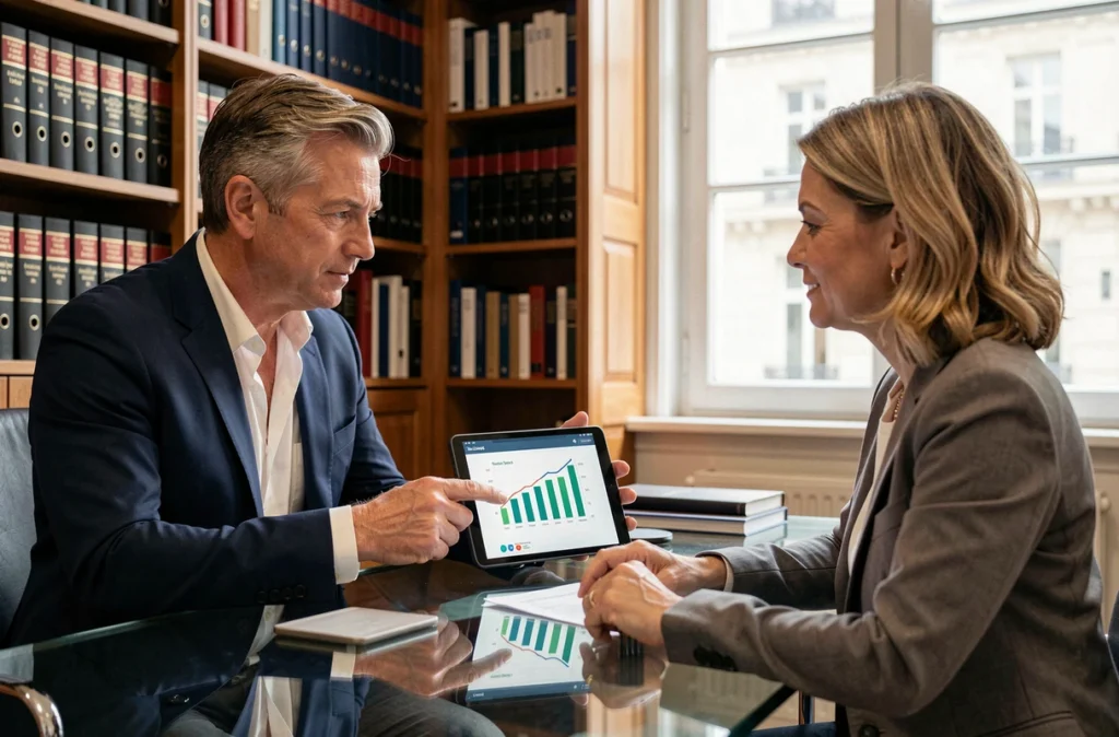 Conseiller immobilier présentant les avantages fiscaux de la loi Pinel sur une tablette à une cliente dans un bureau professionnel