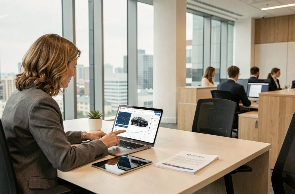 Conseillère en assurance présentant une offre d'assurance auto connectée sur ordinateur en agence