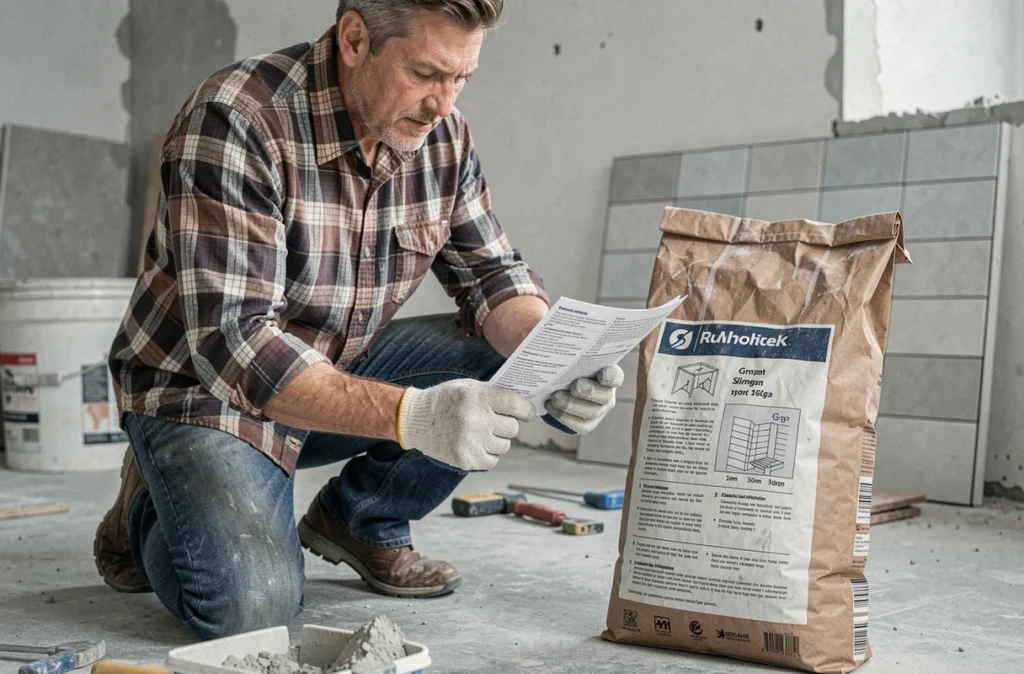 Personne lisant les dosages en grammes et kilogrammes sur un sac de mortier lors de travaux de bricolage