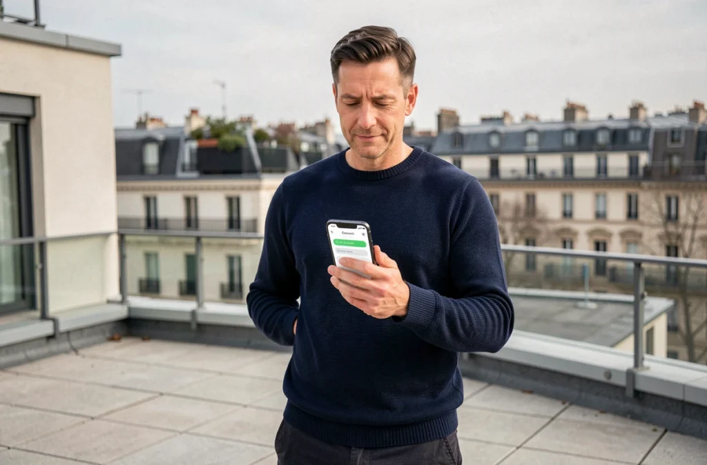 Copropriétaire consultant l'application de son syndic en ligne depuis la terrasse d'un immeuble urbain