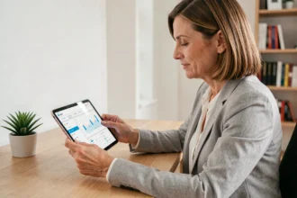 Femme copropriétaire consultant son espace syndic en ligne sur une tablette dans un bureau à domicile moderne