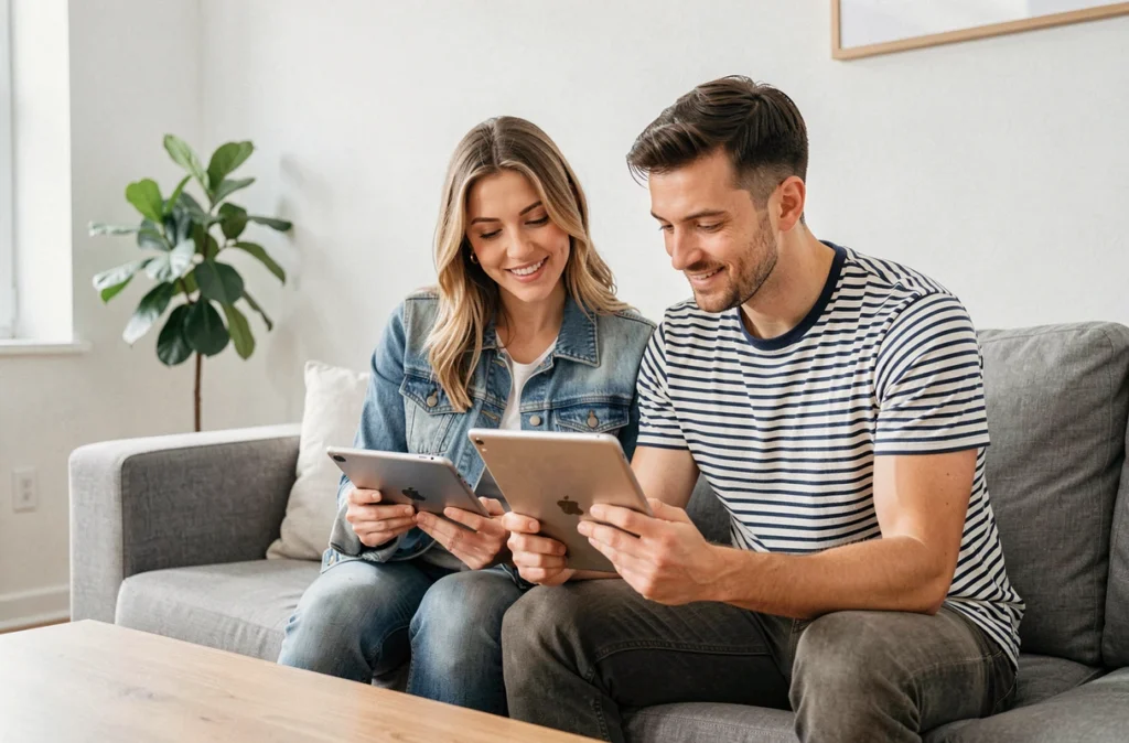 Couple lisant les avis Funbooker sur une tablette pour choisir une activité ensemble